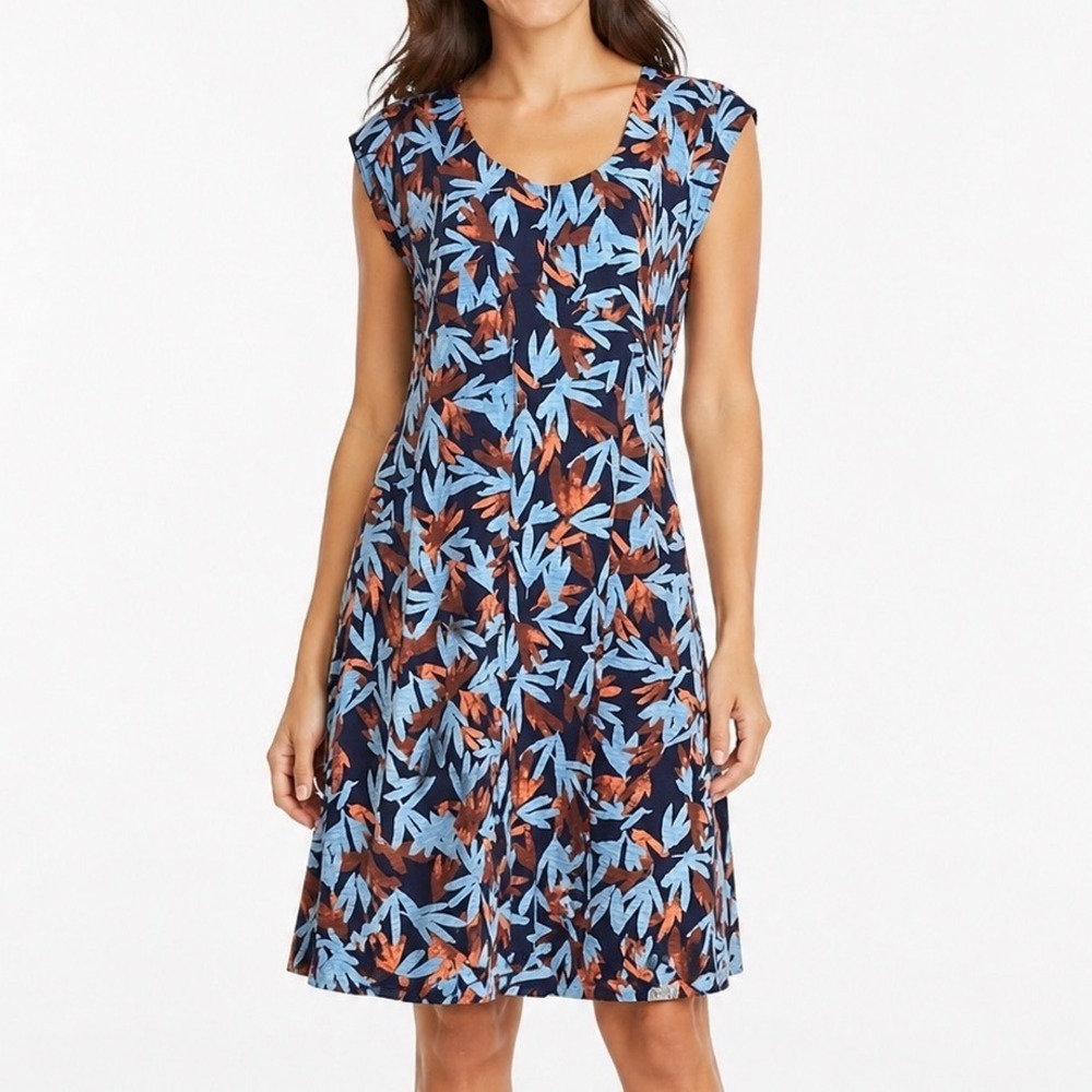 L.L.Bean Floral Midi Dress Size L Reg Navy Blue Cap Sleeve Stretch Knit